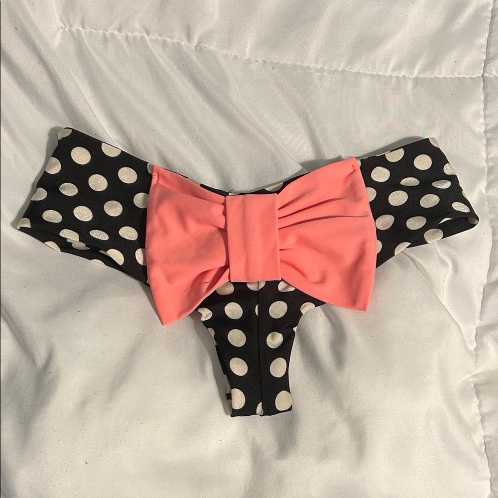Lolli Black Polka Dot Bikini Bottom with Coral Bow